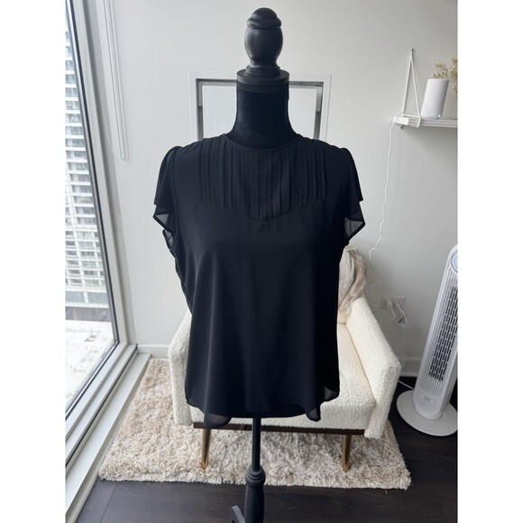 H&M Black Front Yoke Double Layer Flutter Sleeve Blouse Size Medium - Picture 1 of 6